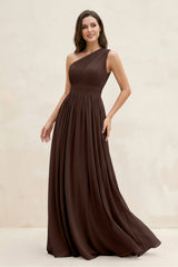 One - Shoulder Pleated A - Line Chiffon Bridesmaid Dress in Espresso - KissProm Bridesmaid Dresses