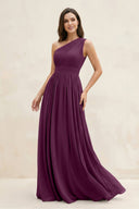 One - Shoulder Pleated A - Line Chiffon Bridesmaid Dress in Fig - KissProm Bridesmaid Dresses