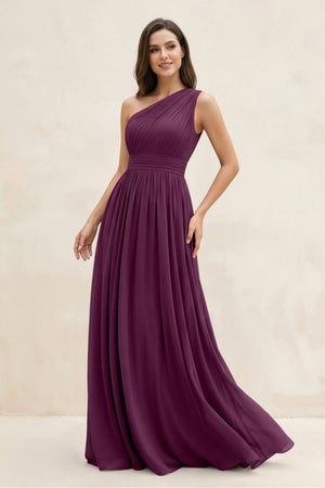 One - Shoulder Pleated A - Line Chiffon Bridesmaid Dress in Fig - KissProm Bridesmaid Dresses