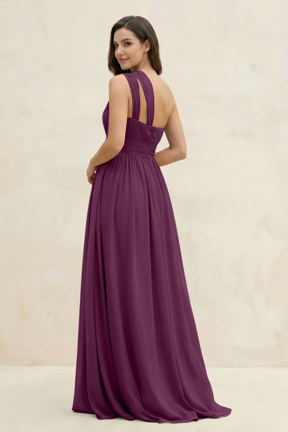 One - Shoulder Pleated A - Line Chiffon Bridesmaid Dress in Fig - KissProm Bridesmaid Dresses