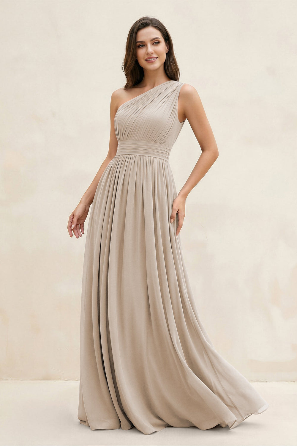 One - Shoulder Pleated A - Line Chiffon Bridesmaid Dress in Frost - KissProm Bridesmaid Dresses