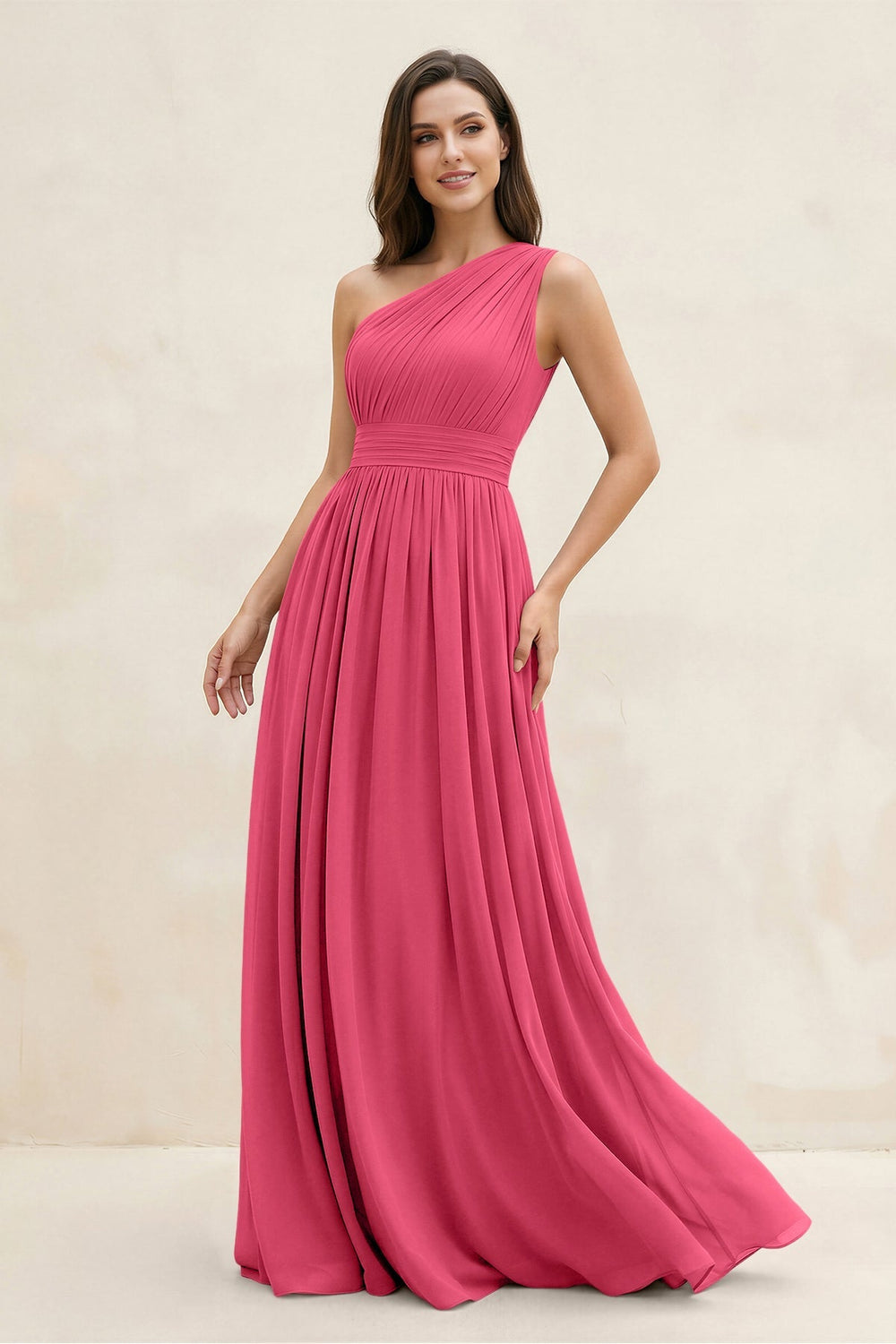 One - Shoulder Pleated A - Line Chiffon Bridesmaid Dress in Fuchsia - KissProm Bridesmaid Dresses