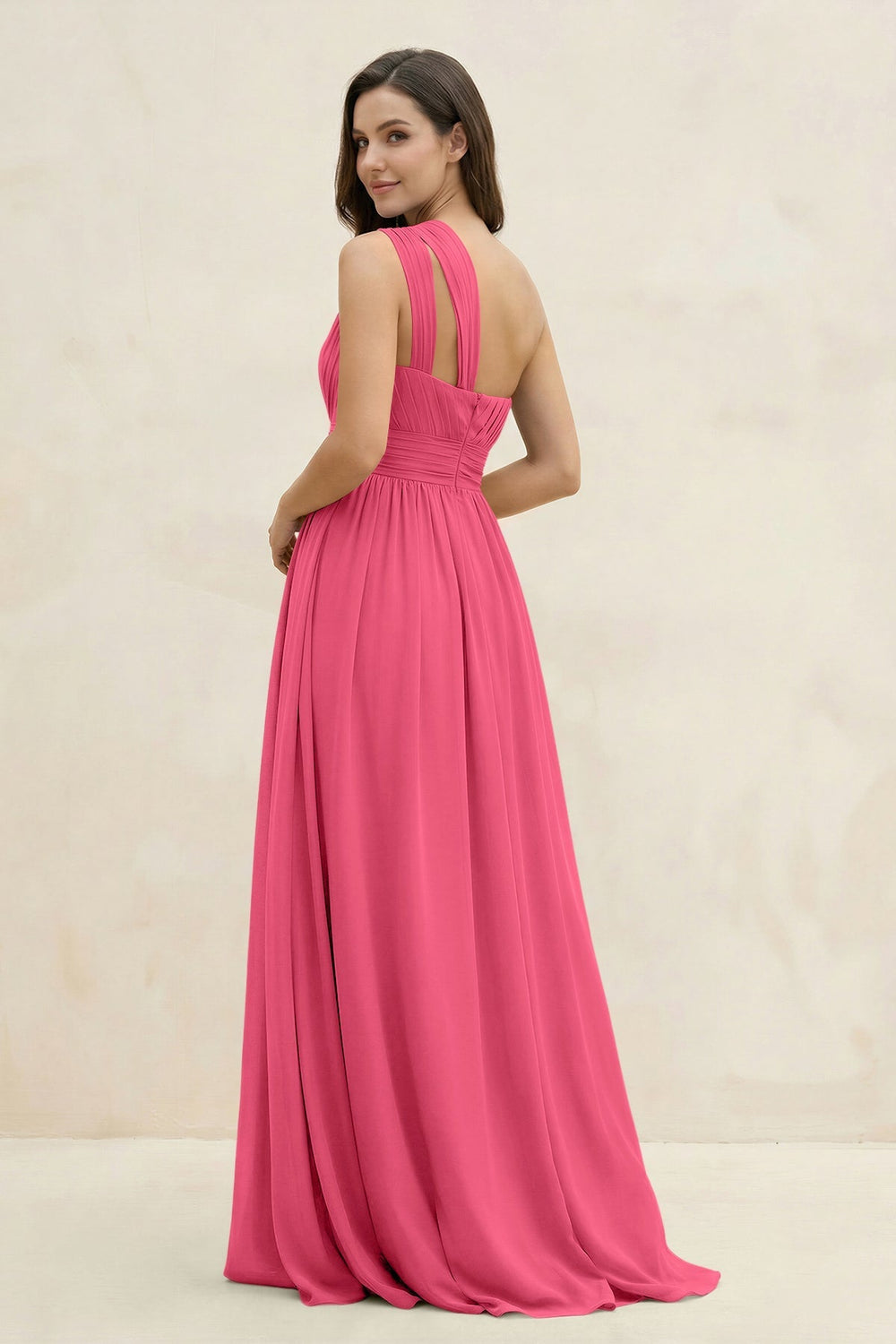One - Shoulder Pleated A - Line Chiffon Bridesmaid Dress in Fuchsia - KissProm Bridesmaid Dresses