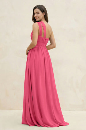 One - Shoulder Pleated A - Line Chiffon Bridesmaid Dress in Fuchsia - KissProm Bridesmaid Dresses