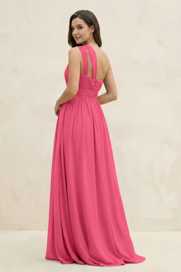 One - Shoulder Pleated A - Line Chiffon Bridesmaid Dress in Fuchsia - KissProm Bridesmaid Dresses