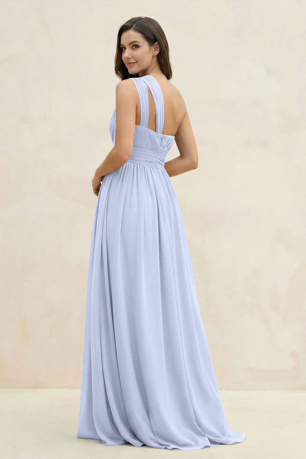 One - Shoulder Pleated A - Line Chiffon Bridesmaid Dress in Ice - KissProm Bridesmaid Dresses
