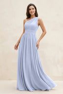 One - Shoulder Pleated A - Line Chiffon Bridesmaid Dress in Ice - KissProm Bridesmaid Dresses