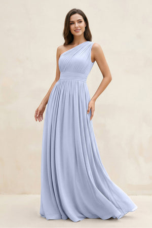 One - Shoulder Pleated A - Line Chiffon Bridesmaid Dress in Ice - KissProm Bridesmaid Dresses