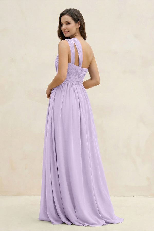 One - Shoulder Pleated A - Line Chiffon Bridesmaid Dress in Lavender - KissProm Bridesmaid Dresses