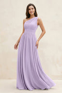 One - Shoulder Pleated A - Line Chiffon Bridesmaid Dress in Lavender - KissProm Bridesmaid Dresses