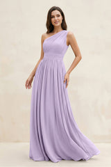 One - Shoulder Pleated A - Line Chiffon Bridesmaid Dress in Lavender - KissProm Bridesmaid Dresses