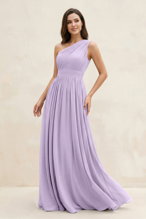 One - Shoulder Pleated A - Line Chiffon Bridesmaid Dress in Lavender - KissProm Bridesmaid Dresses