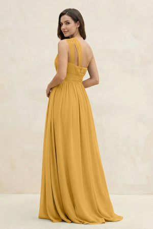 One - Shoulder Pleated A - Line Chiffon Bridesmaid Dress in Marigold - KissProm Bridesmaid Dresses