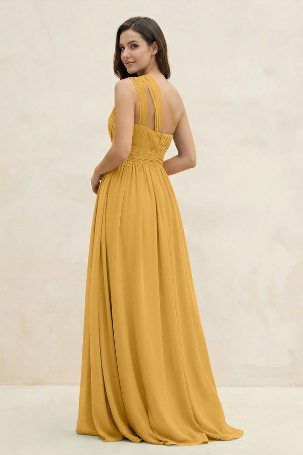 One - Shoulder Pleated A - Line Chiffon Bridesmaid Dress in Marigold - KissProm Bridesmaid Dresses
