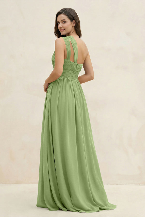 One - Shoulder Pleated A - Line Chiffon Bridesmaid Dress in Matcha - KissProm Bridesmaid Dresses