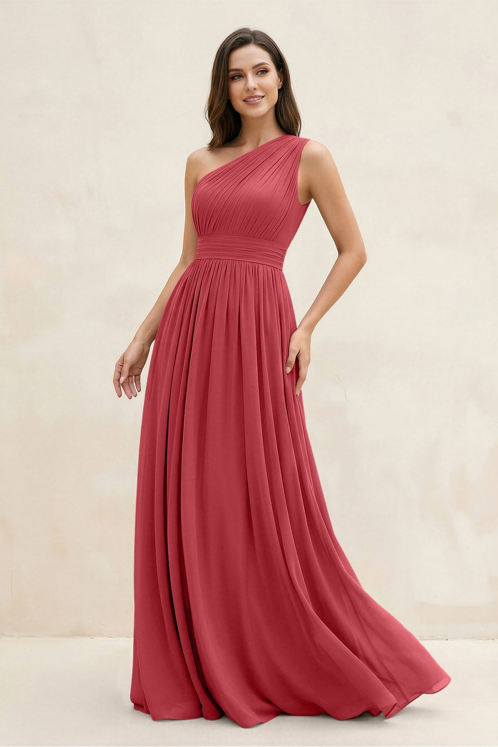 One - Shoulder Pleated A - Line Chiffon Bridesmaid Dress in Merlot - KissProm Bridesmaid Dresses