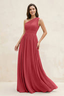 One - Shoulder Pleated A - Line Chiffon Bridesmaid Dress in Merlot - KissProm Bridesmaid Dresses