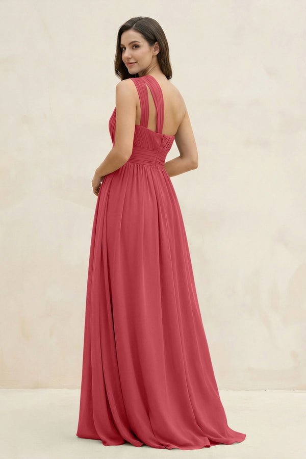 One - Shoulder Pleated A - Line Chiffon Bridesmaid Dress in Merlot - KissProm Bridesmaid Dresses