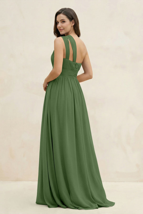 One - Shoulder Pleated A - Line Chiffon Bridesmaid Dress in Moss - KissProm Bridesmaid Dresses