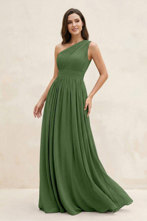 One - Shoulder Pleated A - Line Chiffon Bridesmaid Dress in Moss - KissProm Bridesmaid Dresses