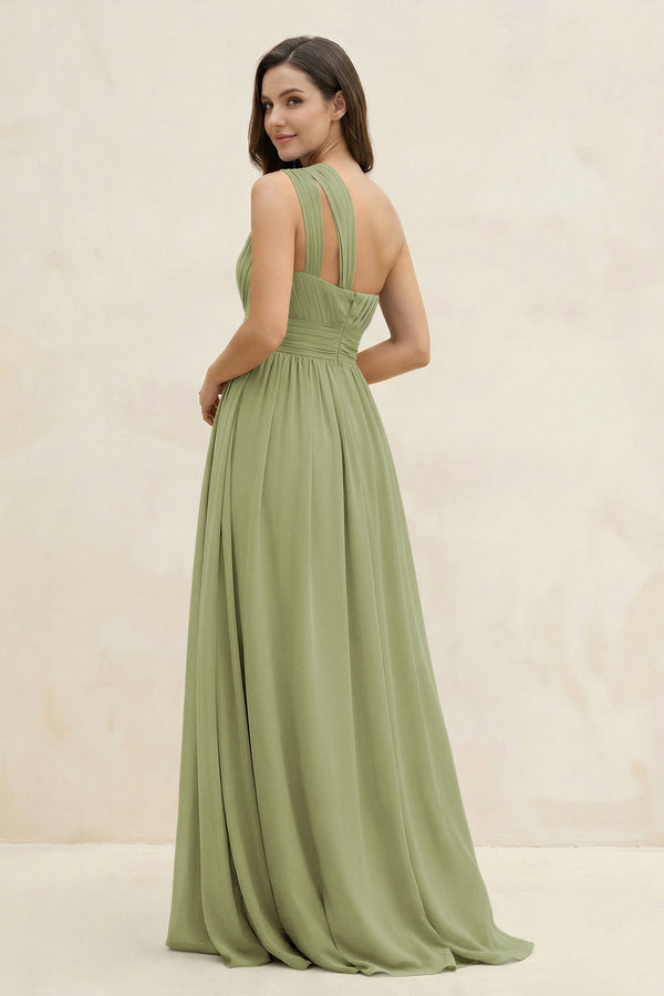 One - Shoulder Pleated A - Line Chiffon Bridesmaid Dress in Moss Green - KissProm Bridesmaid Dresses