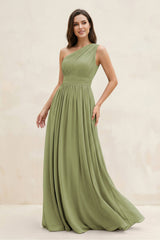 One - Shoulder Pleated A - Line Chiffon Bridesmaid Dress in Moss Green - KissProm Bridesmaid Dresses