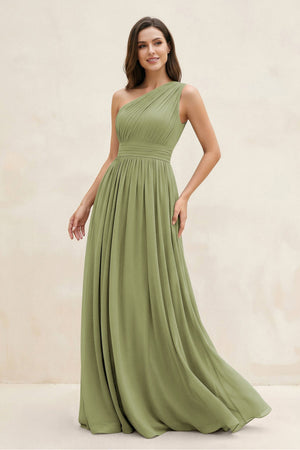 One - Shoulder Pleated A - Line Chiffon Bridesmaid Dress in Moss Green - KissProm Bridesmaid Dresses