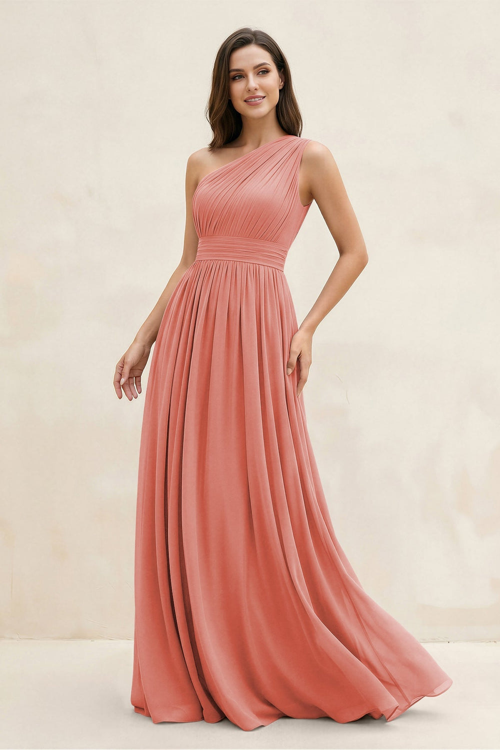 One - Shoulder Pleated A - Line Chiffon Bridesmaid Dress in Mulberry - KissProm Bridesmaid Dresses
