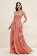 One - Shoulder Pleated A - Line Chiffon Bridesmaid Dress in Mulberry - KissProm Bridesmaid Dresses