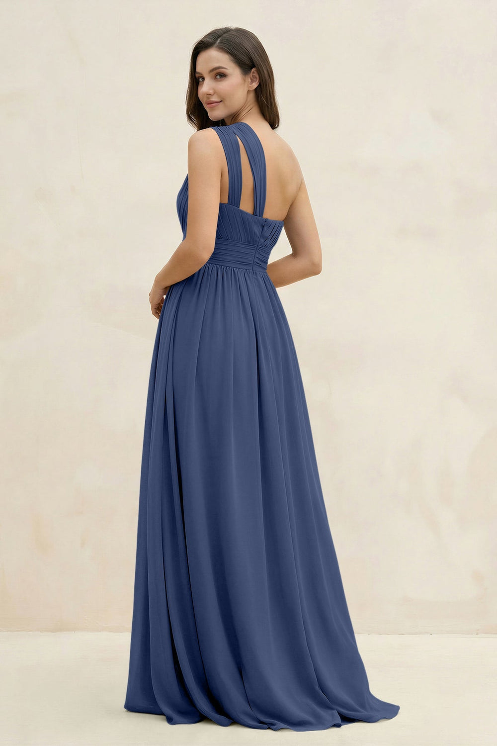 One - Shoulder Pleated A - Line Chiffon Bridesmaid Dress in Navy - KissProm Bridesmaid Dresses