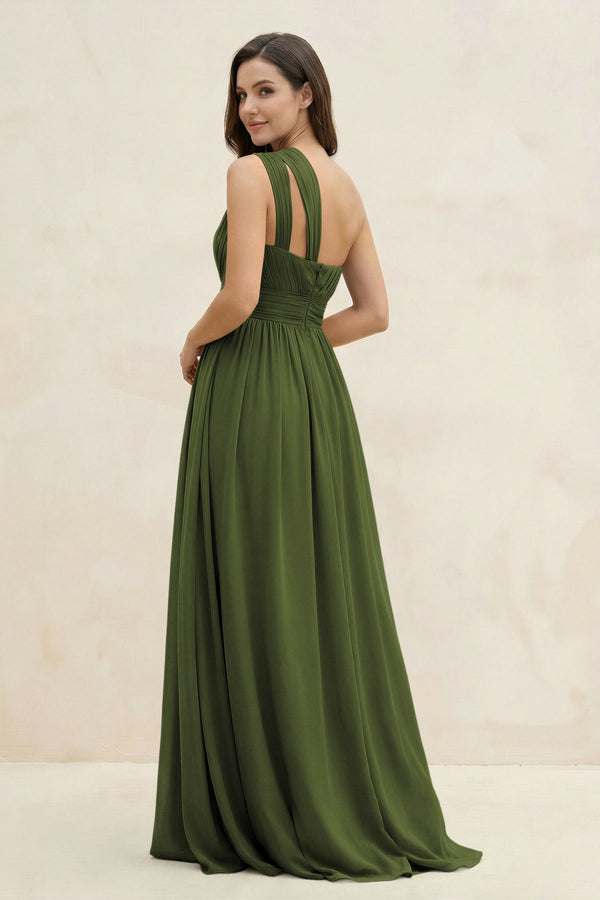 One - Shoulder Pleated A - Line Chiffon Bridesmaid Dress in Olive - KissProm Bridesmaid Dresses