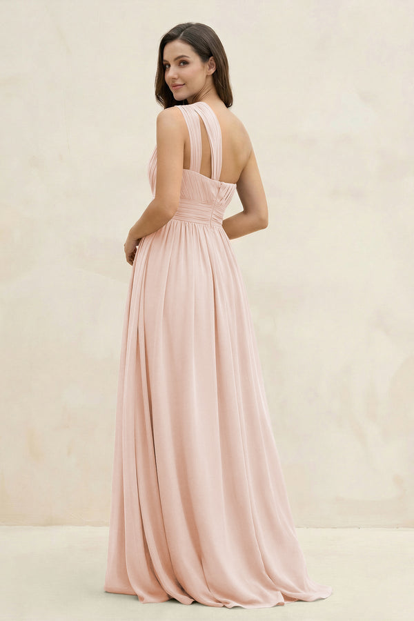 One - Shoulder Pleated A - Line Chiffon Bridesmaid Dress in Pale Blush - KissProm Bridesmaid Dresses