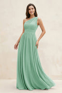 One - Shoulder Pleated A - Line Chiffon Bridesmaid Dress in Pale Pistachio - KissProm Bridesmaid Dresses