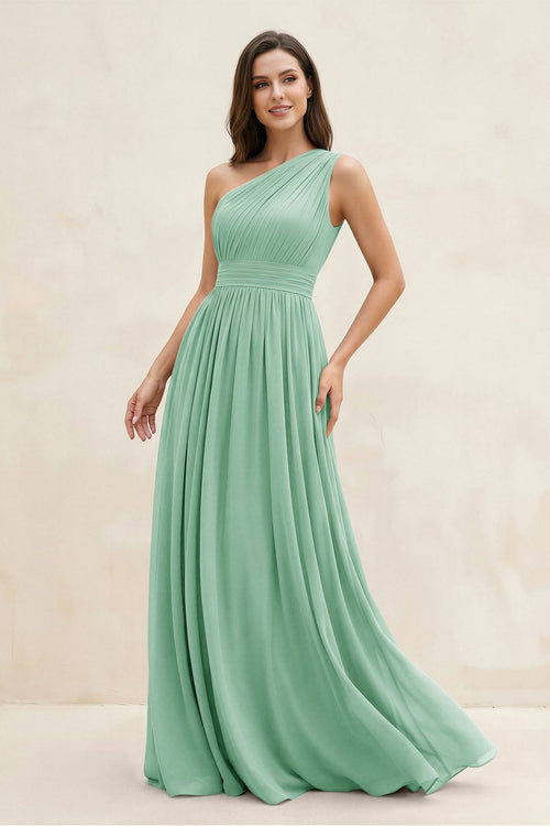 One - Shoulder Pleated A - Line Chiffon Bridesmaid Dress in Pale Pistachio - KissProm Bridesmaid Dresses