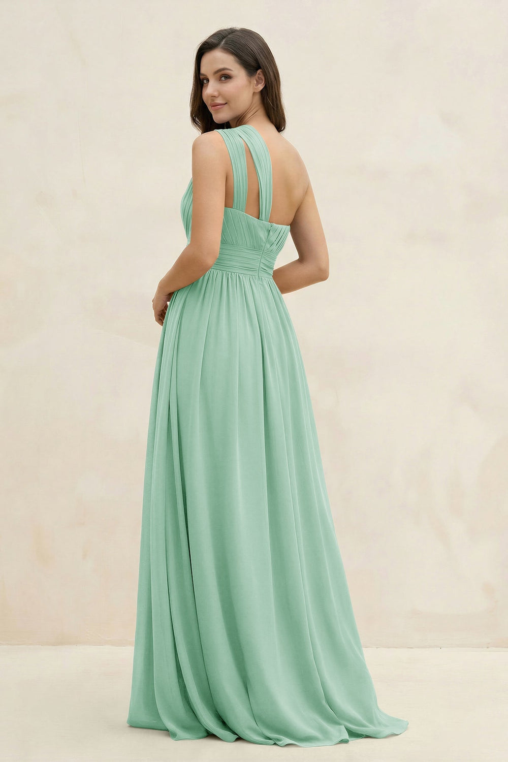 One - Shoulder Pleated A - Line Chiffon Bridesmaid Dress in Pale Pistachio - KissProm Bridesmaid Dresses