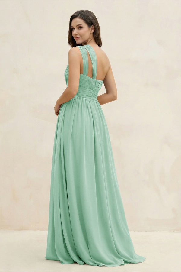 One - Shoulder Pleated A - Line Chiffon Bridesmaid Dress in Pale Pistachio - KissProm Bridesmaid Dresses