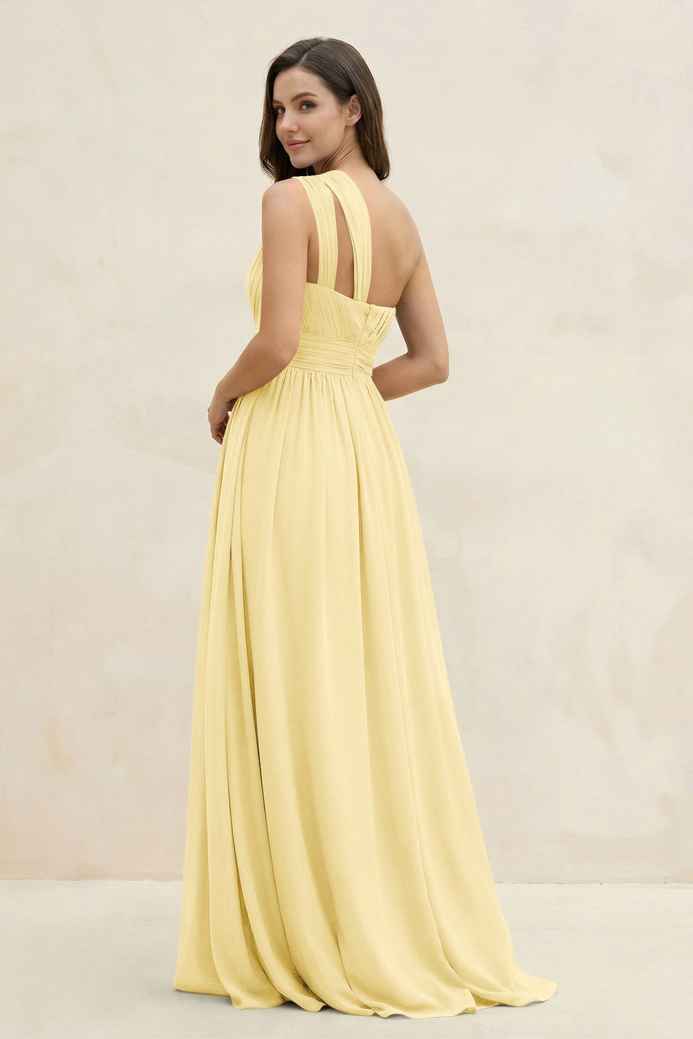 One - Shoulder Pleated A - Line Chiffon Bridesmaid Dress in Pastel Yellow - KissProm Bridesmaid Dresses