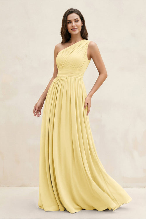 One - Shoulder Pleated A - Line Chiffon Bridesmaid Dress in Pastel Yellow - KissProm Bridesmaid Dresses