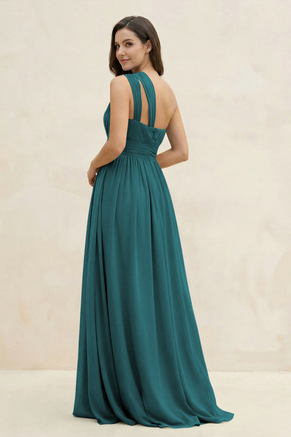 One - Shoulder Pleated A - Line Chiffon Bridesmaid Dress in Pine - KissProm Bridesmaid Dresses