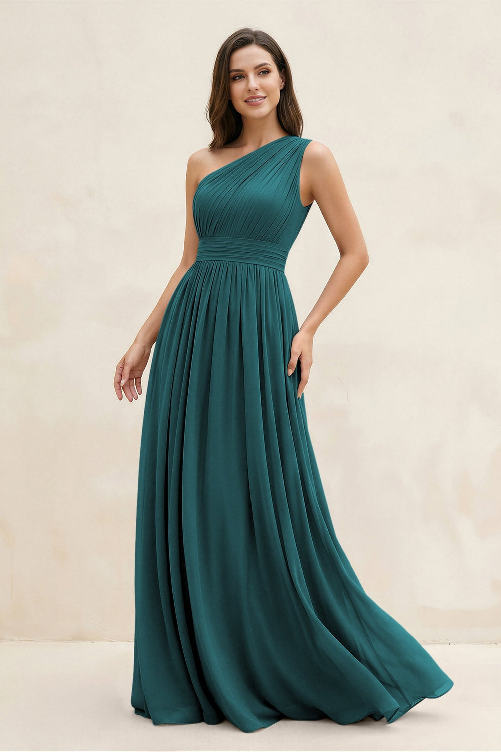 One - Shoulder Pleated A - Line Chiffon Bridesmaid Dress in Pine - KissProm Bridesmaid Dresses