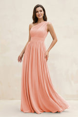 One - Shoulder Pleated A - Line Chiffon Bridesmaid Dress in Rose Petal - KissProm Bridesmaid Dresses