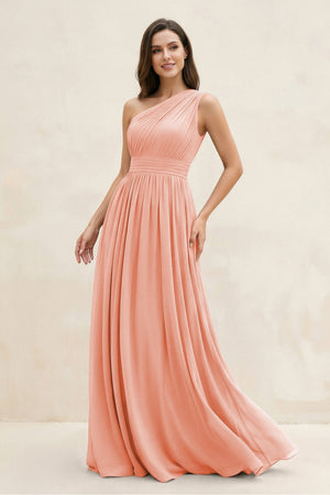 One - Shoulder Pleated A - Line Chiffon Bridesmaid Dress in Rose Petal - KissProm Bridesmaid Dresses