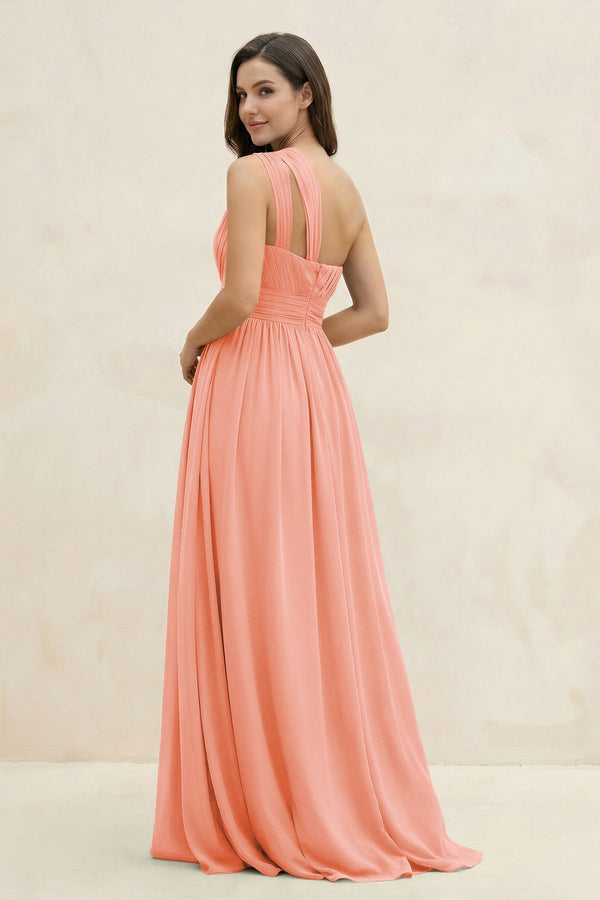 One - Shoulder Pleated A - Line Chiffon Bridesmaid Dress in Rosette - KissProm Bridesmaid Dresses