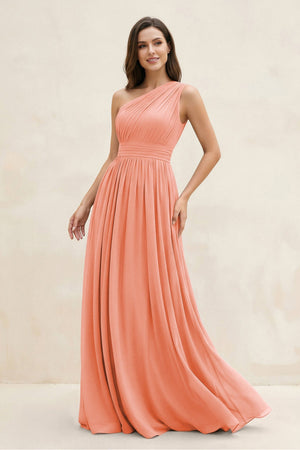 One - Shoulder Pleated A - Line Chiffon Bridesmaid Dress in Rosette - KissProm Bridesmaid Dresses
