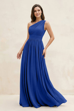 One - Shoulder Pleated A - Line Chiffon Bridesmaid Dress in Royal Blue - KissProm Bridesmaid Dresses