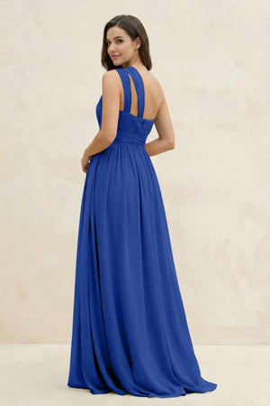 One - Shoulder Pleated A - Line Chiffon Bridesmaid Dress in Royal Blue - KissProm Bridesmaid Dresses