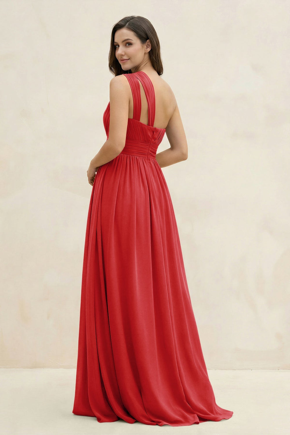 One - Shoulder Pleated A - Line Chiffon Bridesmaid Dress in Ruby Red - KissProm Bridesmaid Dresses