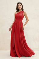 One - Shoulder Pleated A - Line Chiffon Bridesmaid Dress in Ruby Red - KissProm Bridesmaid Dresses
