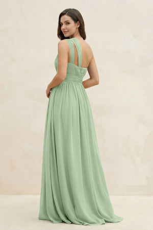 One - Shoulder Pleated A - Line Chiffon Bridesmaid Dress in Sage - KissProm Bridesmaid Dresses