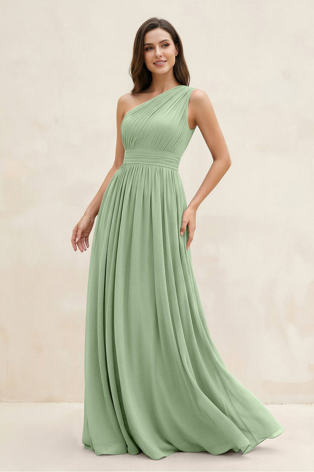 One - Shoulder Pleated A - Line Chiffon Bridesmaid Dress in Sage - KissProm Bridesmaid Dresses